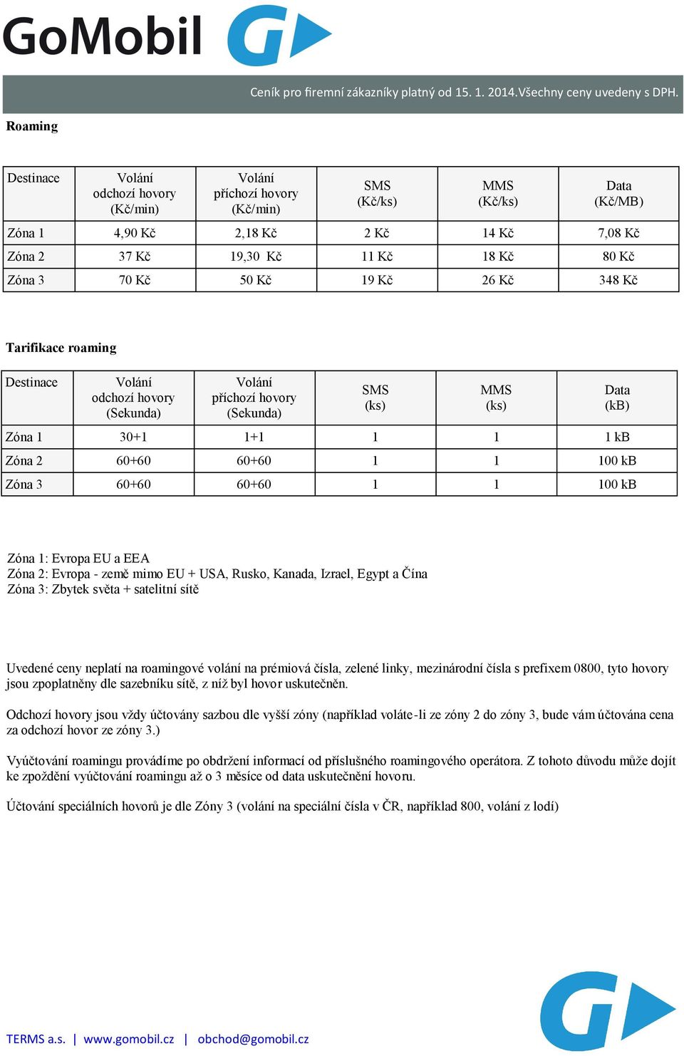 kb (kb) Zóna 1: Evropa EU a EEA Zóna 2: Evropa - země mimo EU + USA, Rusko, Kanada, Izrael, Egypt a Čína Zóna 3: Zbytek světa + satelitní sítě Uvedené ceny neplatí na roamingové volání na prémiová