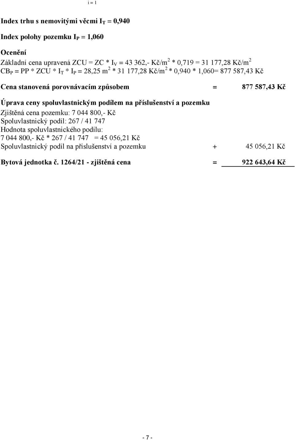 spoluvlastnickým podílem na příslušenství a pozemku Zjištěná cena pozemku: 7 044 800,- Kč Spoluvlastnický podíl: 267 / 41 747 Hodnota spoluvlastnického podílu: 7