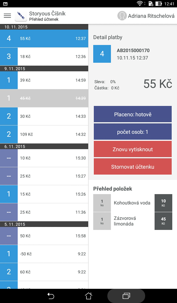 PŘEHLED ÚČTENEK Všechny vytištěné účtenky najdeme v přehledu účtenek a máme možnost s