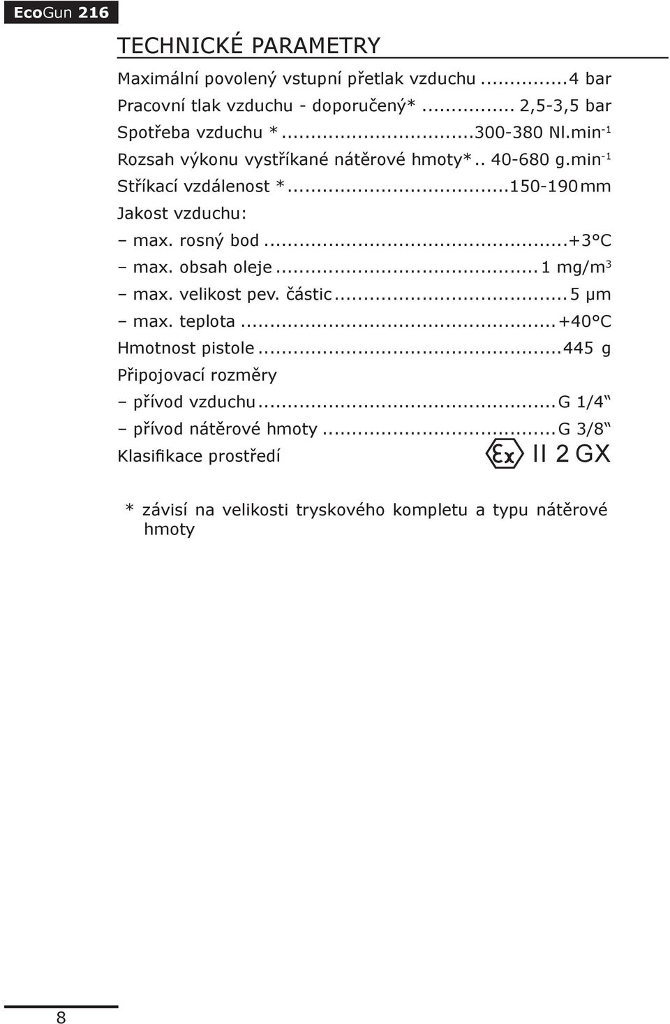 rosný bod...+3 C max. obsah oleje... 1 mg/m 3 max. velikost pev. částic...5 μm max. teplota...+40 C Hmotnost pistole.