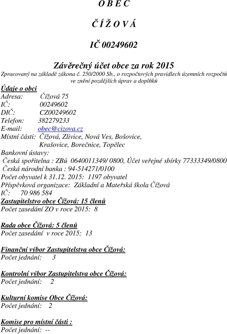 cz Místní části: Čížová, Zlivice, Nová Ves, Bošovice, Krašovice, Borečnice, Topělec Bankovní ústavy: Česká spořitelna : ZBú 0640011349/ 0800, Účet veřejné sbírky 77333349/0800 Česká národní banka :