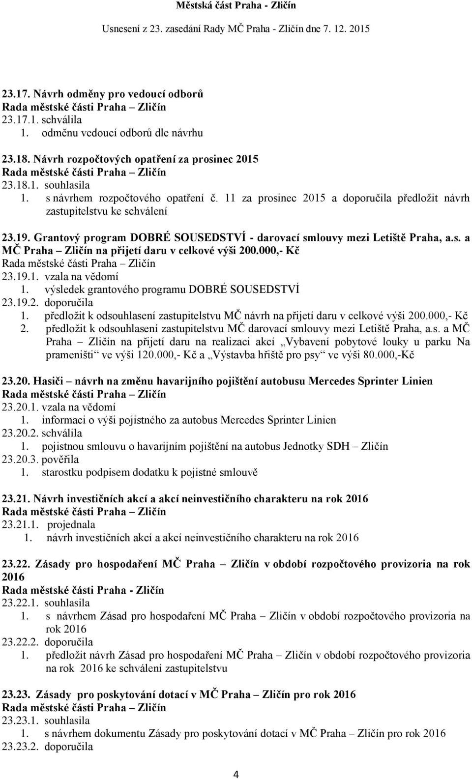 000,- Kč 23.19.1. vzala na vědomí 1. výsledek grantového programu DOBRÉ SOUSEDSTVÍ 23.19.2. doporučila 1. předložit k odsouhlasení zastupitelstvu MČ návrh na přijetí daru v celkové výši 200.