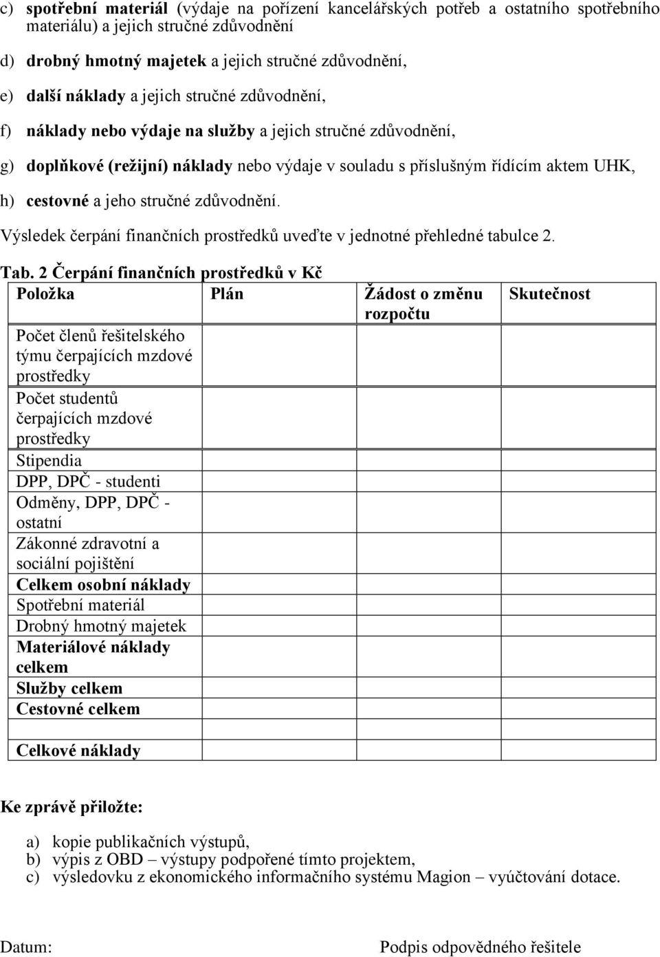 stručné zdůvodnění. Výsledek čerpání finančních prostředků uveďte v jednotné přehledné tabulce 2. Tab.