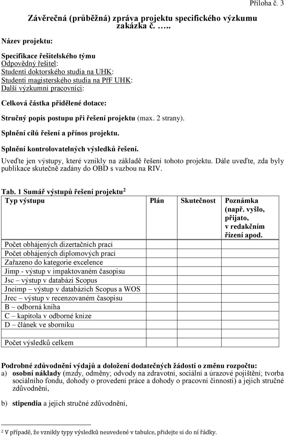popis postupu při řešení projektu (max. 2 strany). Splnění cílů řešení a přínos projektu. Splnění kontrolovatelných výsledků řešení. Příloha č.