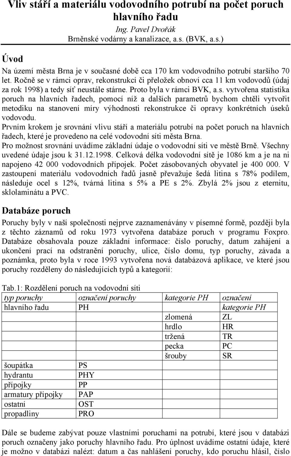 Prvním krokem je srovnání vlivu stáří a materiálu potrubí na počet poruch na hlavních řadech, které je provedeno na celé vodovodní síti města Brna.