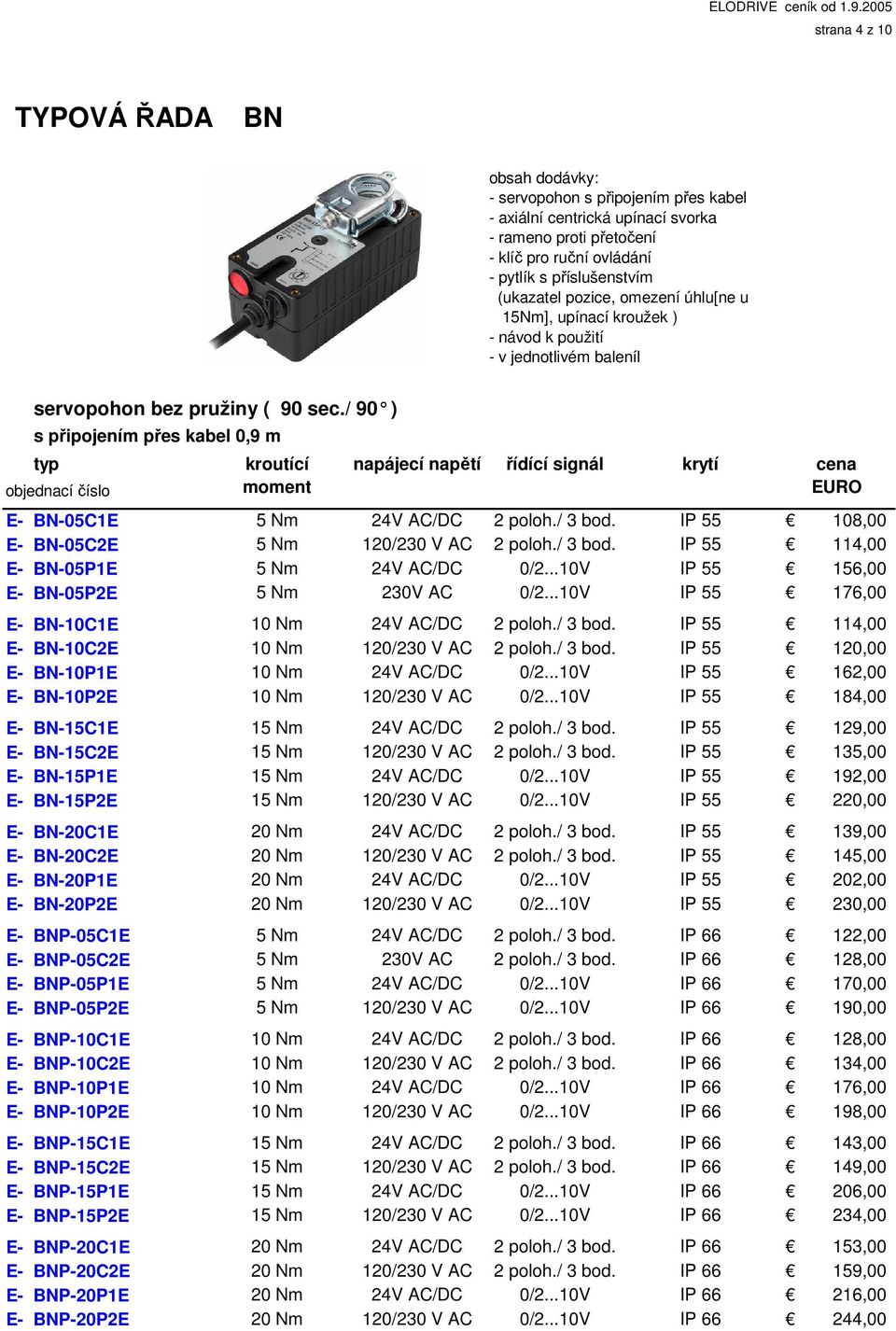 IP 55 108,00 E- BN-05C2E 5 Nm 120/230 V AC 2 poloh./ 3 bod. IP 55 114,00 E- BN-05P1E 5 Nm 24V AC/DC 0/2...10V IP 55 156,00 E- BN-05P2E 5 Nm 230V AC 0/2.