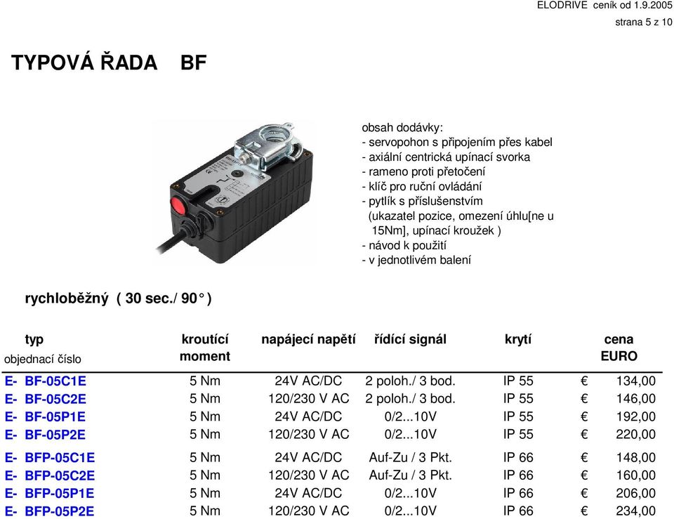 IP 55 134,00 E- BF-05C2E 5 Nm 120/230 V AC 2 poloh./ 3 bod. IP 55 146,00 E- BF-05P1E 5 Nm 24V AC/DC 0/2...10V IP 55 192,00 E- BF-05P2E 5 Nm 120/230 V AC 0/2.