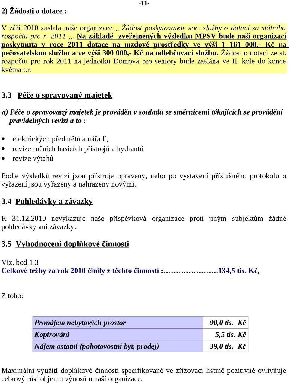 službu. Žádost o dotaci ze st. rozpočtu pro rok 2011 na jednotku Domova pro seniory bude zaslána ve II. kole do konce května t.r. 3.