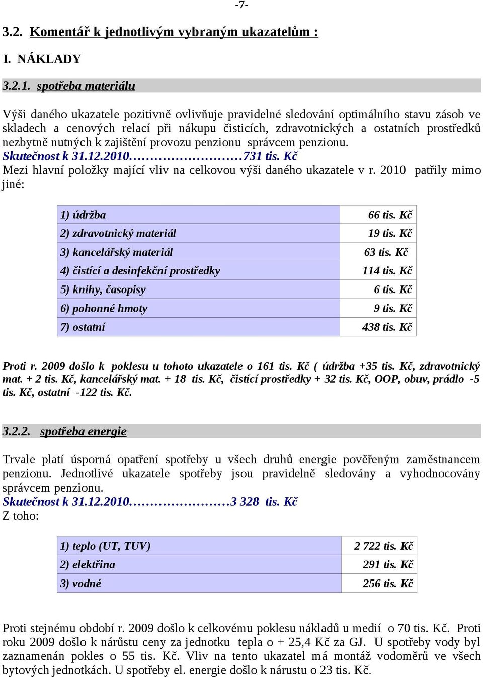 nezbytně nutných k zajištění provozu penzionu správcem penzionu. Skutečnost k 31.12.2010 731 tis. Kč Mezi hlavní položky mající vliv na celkovou výši daného ukazatele v r.