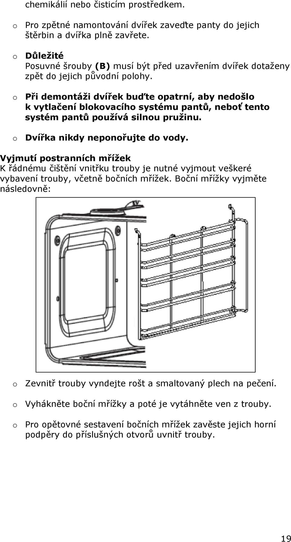 o Při demontáži dvířek buďte opatrní, aby nedošlo k vytlačení blokovacího systému pantů, neboť tento systém pantů používá silnou pružinu. o Dvířka nikdy neponořujte do vody.