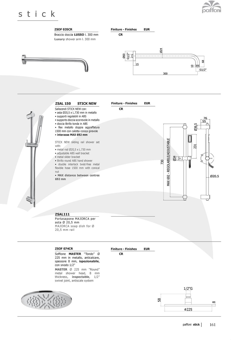 730 mm adjustable ABS wall bracket metal slider bracket Birillo round ABS hand shower double interlock twist-free metal nut MAX distance between centres 692 mm ZSAL111