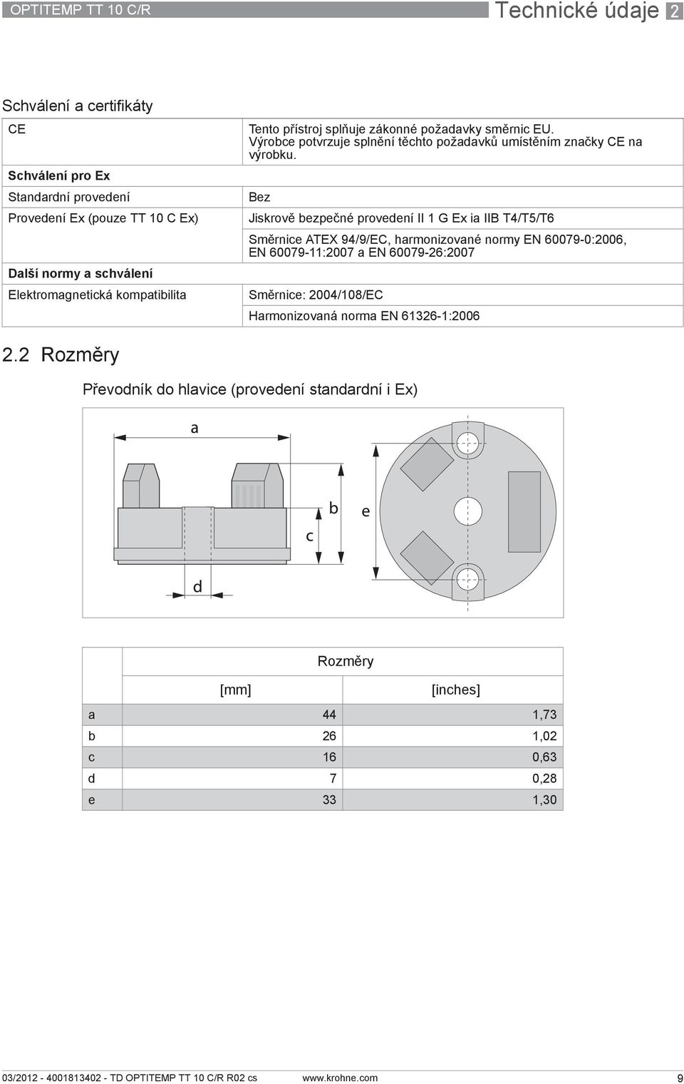 Bez Jiskrově bezpečné provedení II 1 G Ex ia IIB T4/T5/T6 Směrnice ATEX 94/9/EC, harmonizované normy EN 60079-0:2006, EN 60079-11:2007 a EN 60079-26:2007 Směrnice: