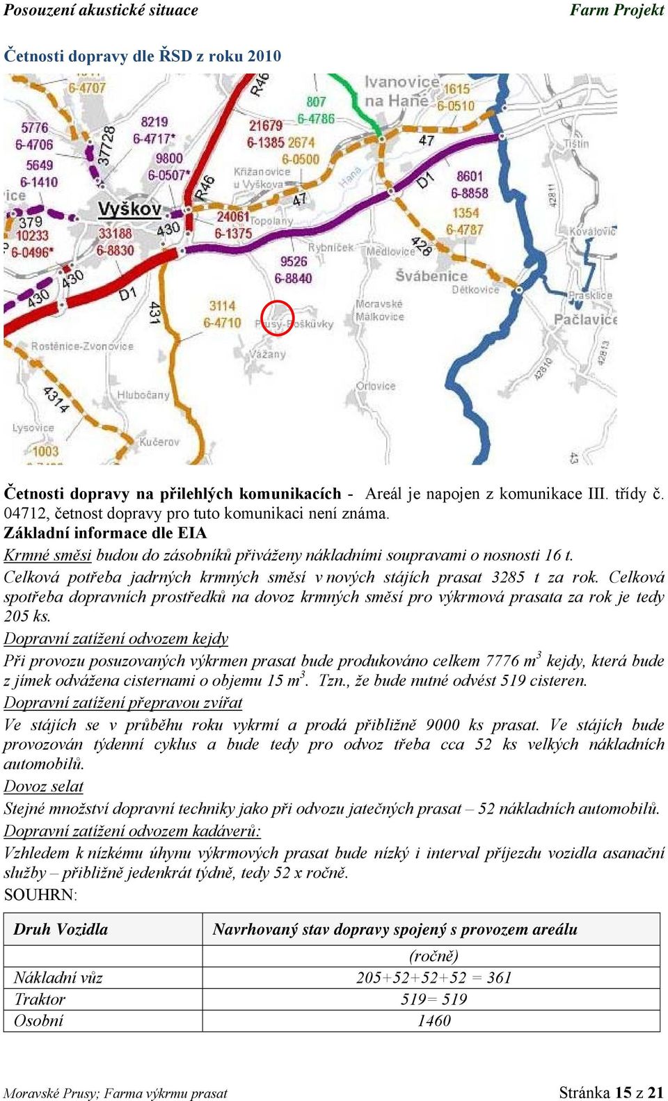 Celková potřeba jadrných krmných směsí v nových stájích prasat 3285 t za rok. Celková spotřeba dopravních prostředků na dovoz krmných směsí pro výkrmová prasata za rok je tedy 205 ks.