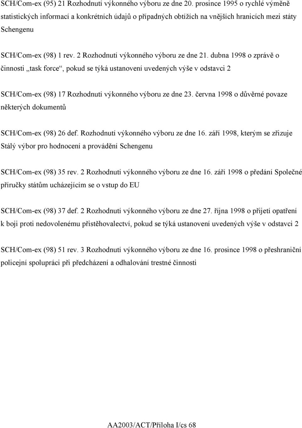 2 Rozhodnutí výkonného výboru ze dne 21. dubna 1998 o zprávě o činnosti task force, pokud se týká ustanovení uvedených výše v odstavci 2 SCH/Com-ex (98) 17 Rozhodnutí výkonného výboru ze dne 23.