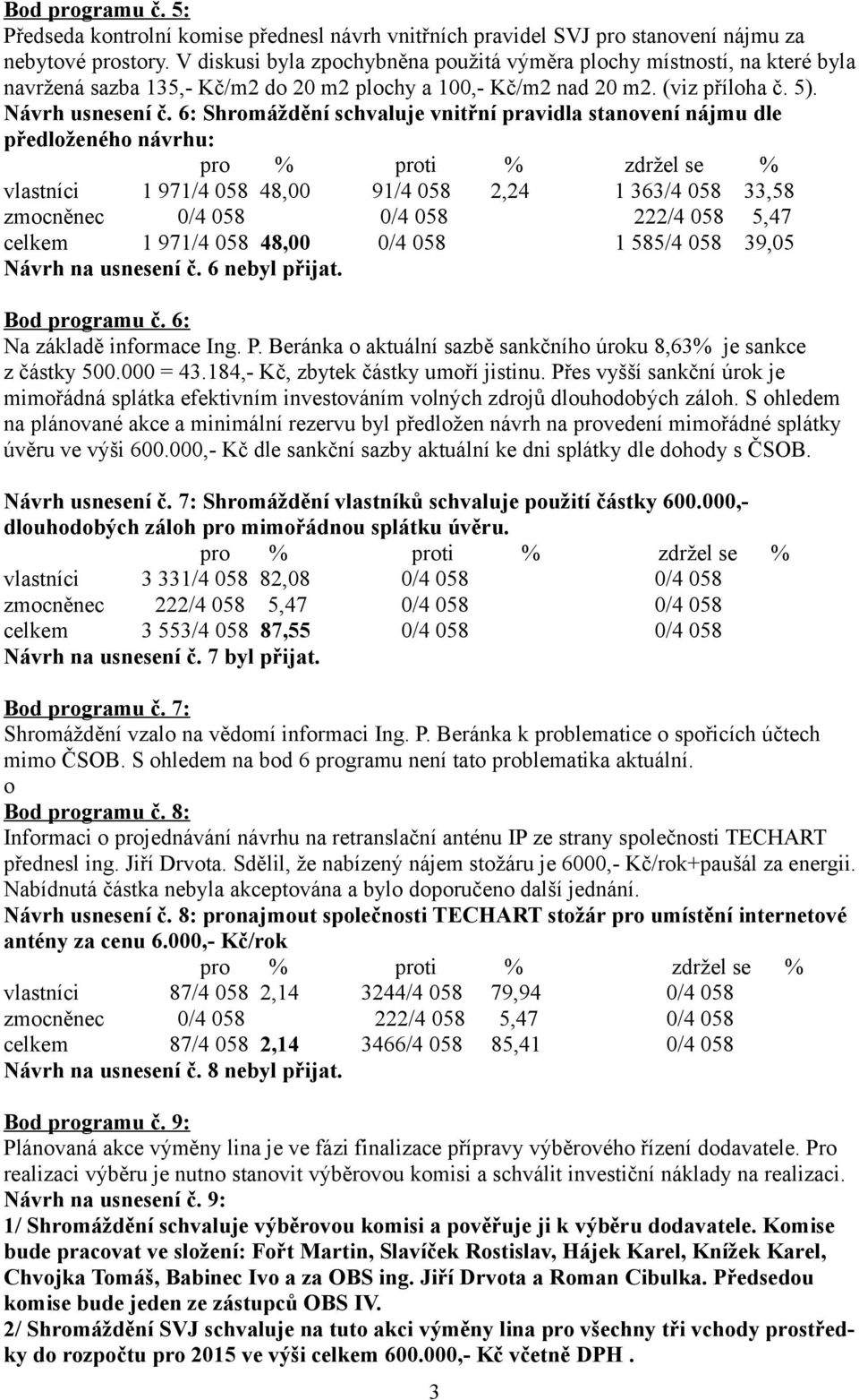 6: Shromáždění schvaluje vnitřní pravidla stanovení nájmu dle předloženého návrhu: vlastníci 1 971/4 058 48,00 91/4 058 2,24 1 363/4 058 33,58 zmocněnec 0/4 058 0/4 058 222/4 058 5,47 celkem 1 971/4