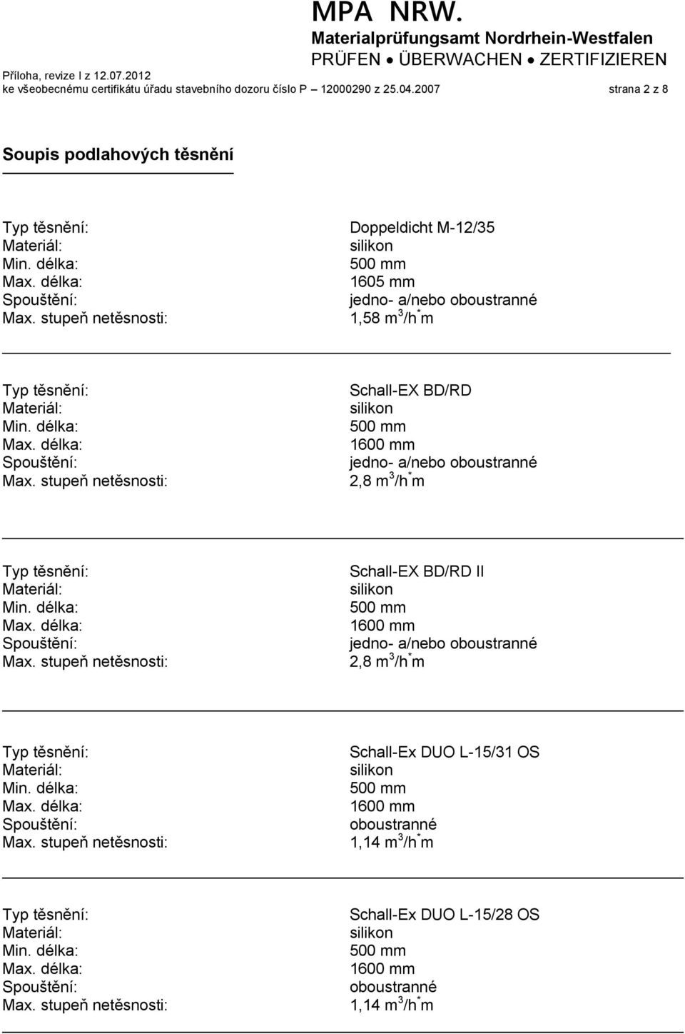 2007 strana 2 z 8 Soupis podlahových těsnění Doppeldicht M-12/35 1605 mm 1,58 m 3 /h * m