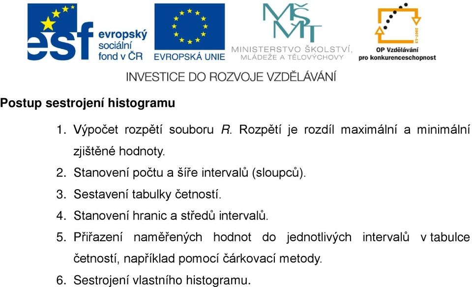 Stanovení počtu a šíře intervalů (sloupců). 3. Sestavení tabulky četností. 4.