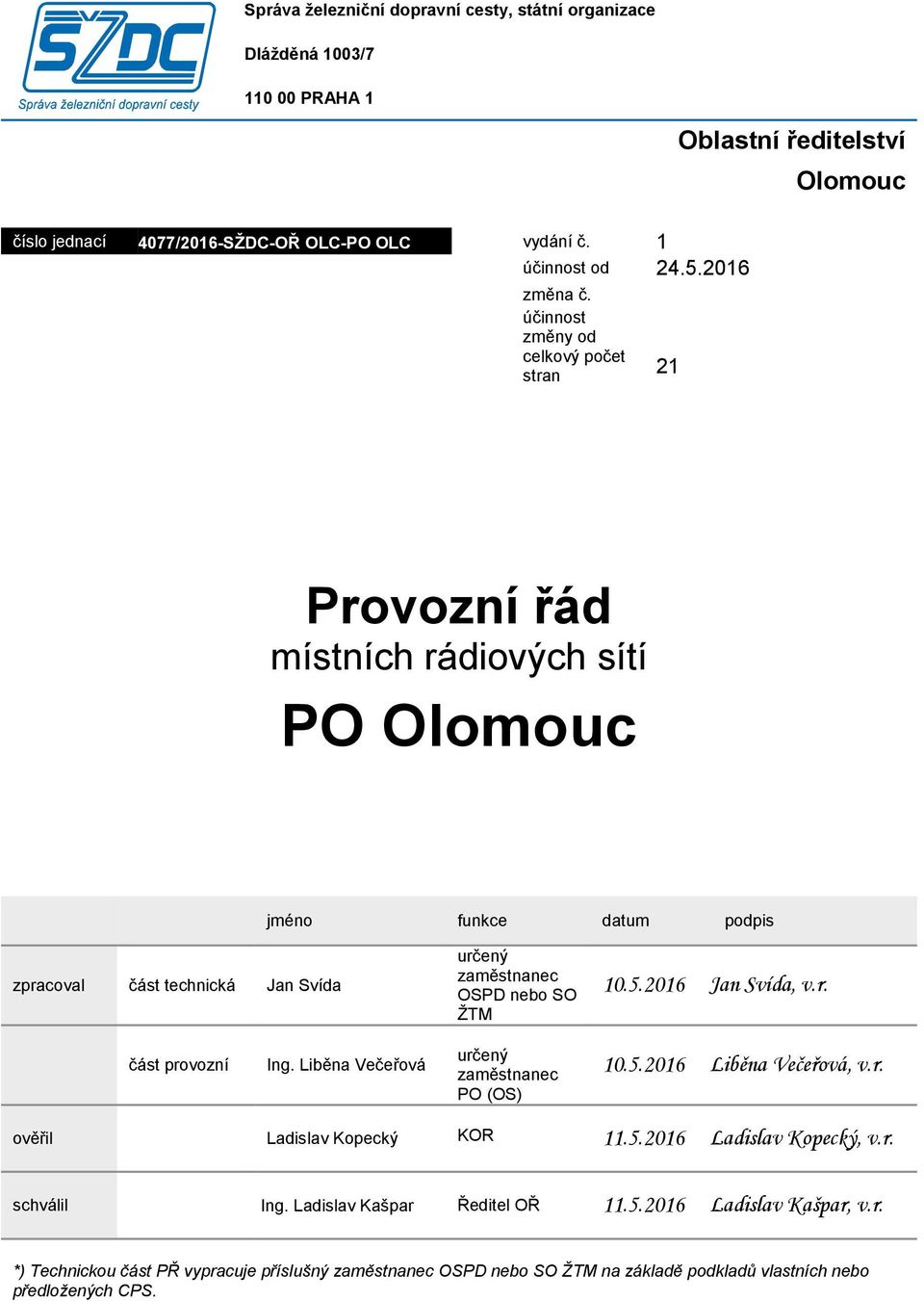 zaměstnanec OSPD nebo SO ŽTM 10.5.2016 Jan Svída, v.r. část provozní Ing. Liběna Večeřová určený zaměstnanec PO (OS) 10.5.2016 Liběna Večeřová, v.r. ověřil Ladislav Kopecký KOR 11.5.2016 Ladislav Kopecký, v.