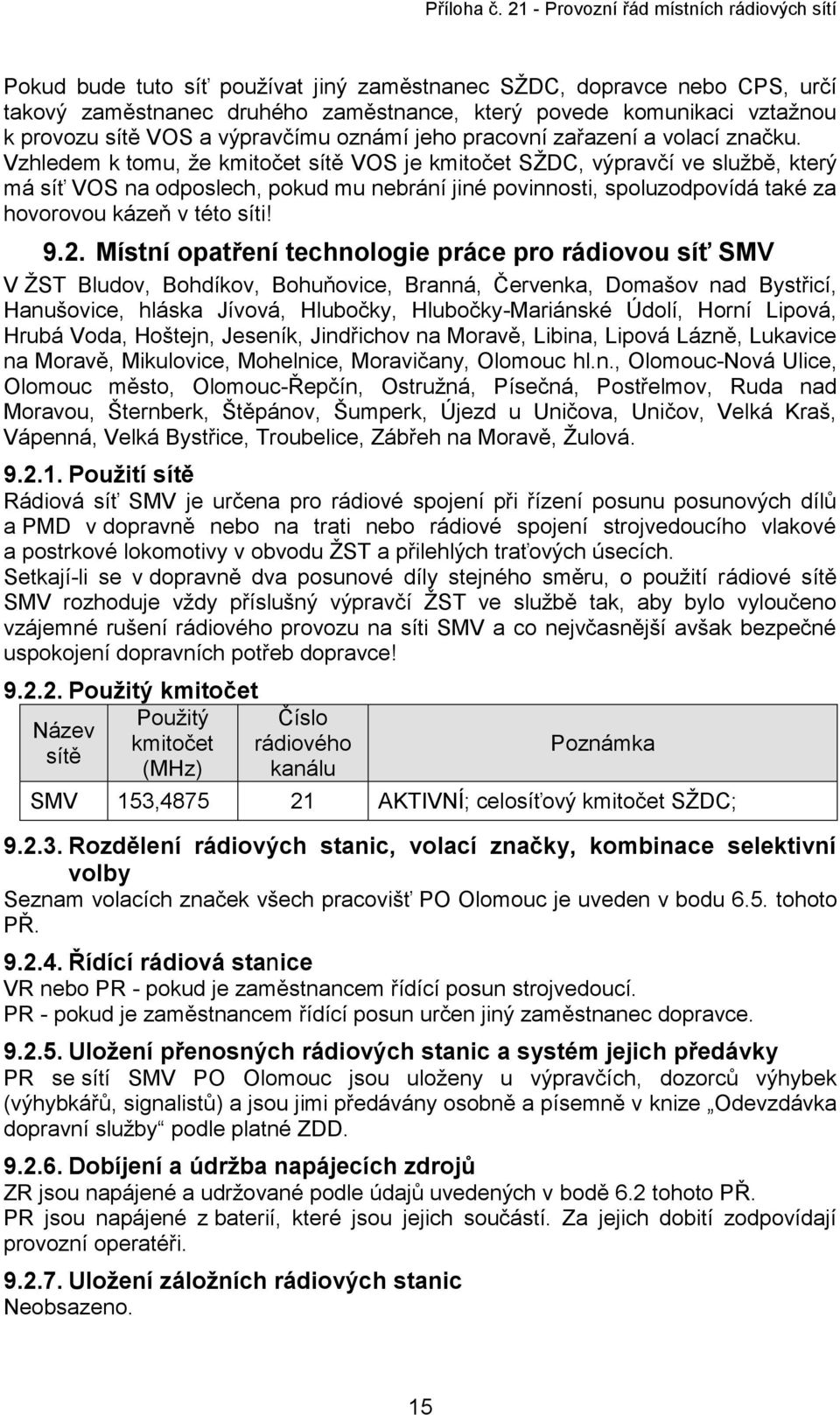 Vzhledem k tomu, že kmitočet sítě VOS je kmitočet SŽDC, výpravčí ve službě, který má síť VOS na odposlech, pokud mu nebrání jiné povinnosti, spoluzodpovídá také za hovorovou kázeň v této síti! 9.2.