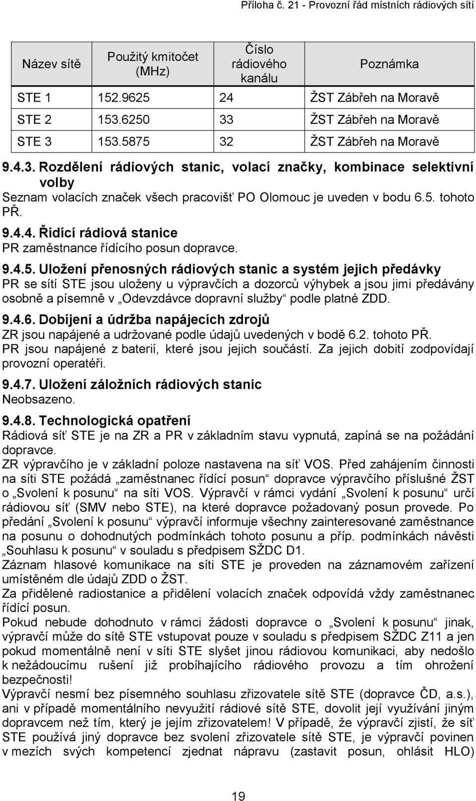 5. tohoto PŘ. 9.4.4. Řídící rádiová stanice PR zaměstnance řídícího posun dopravce. 9.4.5. Uložení přenosných rádiových stanic a systém jejich předávky PR se sítí STE jsou uloženy u výpravčích a