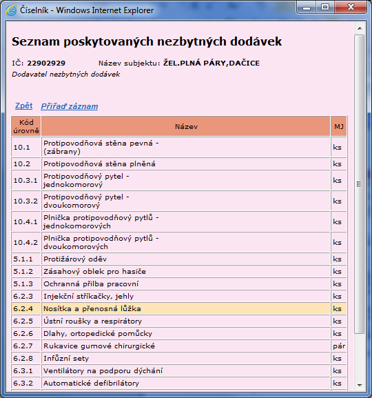 Nasmlouvané nezbytné dodávky Vyplnění tabulky Nasmlouvané nezbytné dodávky na stránce Detail smlouvy: Nový záznam o nezbytné dodávce nejprve vyplňte do políček Kód úrovně, Název a Množství.