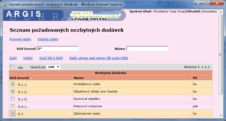 Zde se zobrazí seznam požadovaných nezbytných dodávek, který jste předtím zobrazovali (a také vytvářeli) v tabulce volané odkazem Požadované nezbytné dodávky na levé liště.