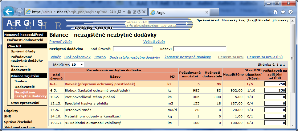 Nezbytné dodávky dodavatele Pro vybraný záznam v tabulce Bilance dodavatelé zobrazí přehled nezbytných dodávek tohoto dodavatele s uvedením poskytovaného množství. 9.4.