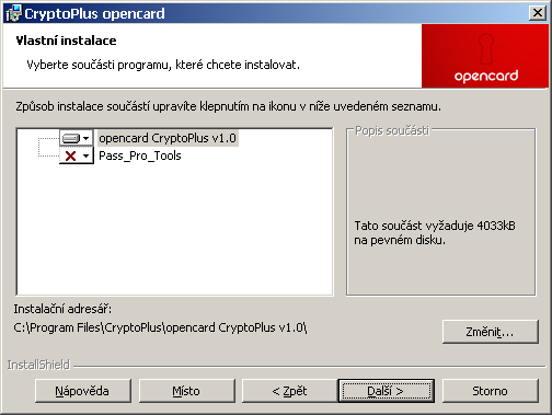 Obr. 4: Komponenty softwaru CryptoPlus opencard (zdroj: screenshot aplikace) Budou zkopírovány programové soubory do cílového adresáře.