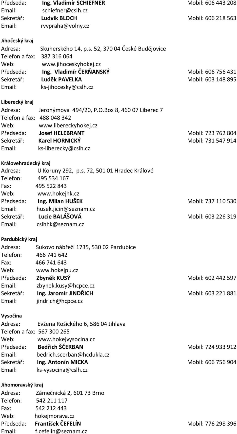 Box 8, 460 07 Liberec 7 Telefon a fax: 488 048 342 Web: www.libereckyhokej.cz Předseda: Josef HELEBRANT Mobil: 723 762 804 Sekretář: Karel HORNICKÝ Mobil: 731 547 914 Email: ks-liberecky@cslh.