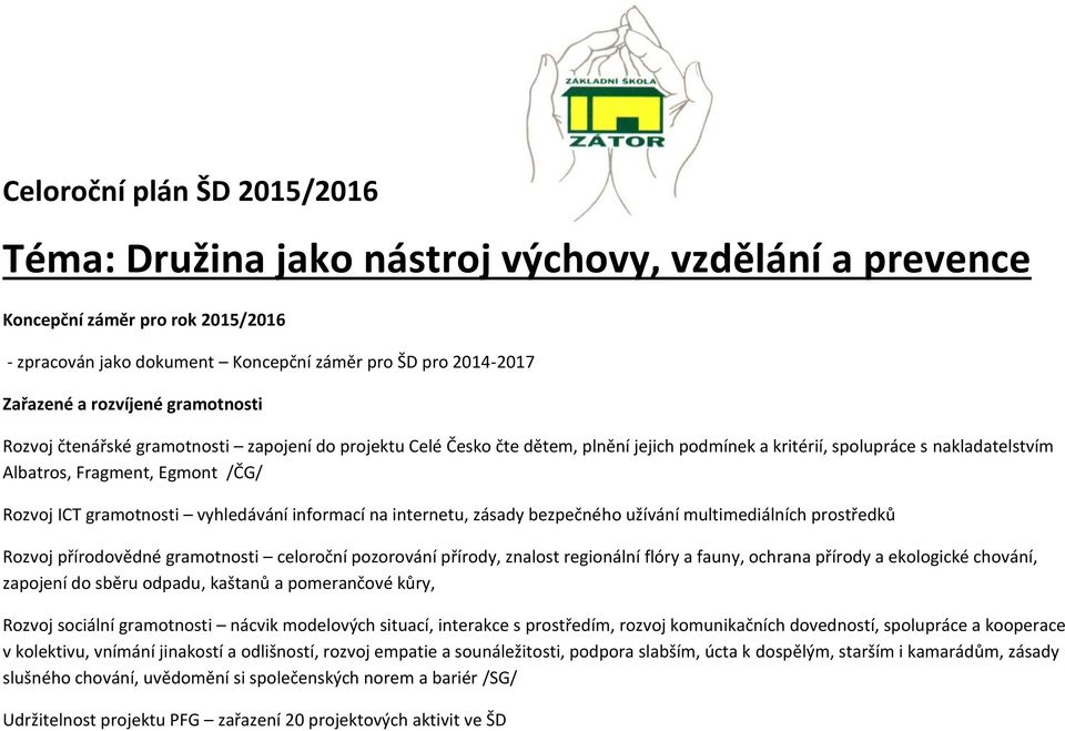 vyhledávání informací na internetu, zásady bezpečného užívání multimediálních prostředků Rozvoj přírodovědné gramotnosti celoroční pozorování přírody, znalost regionální flóry a fauny, ochrana