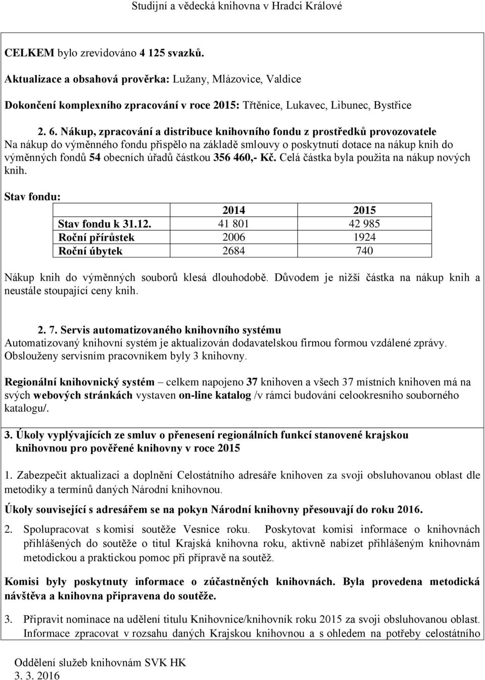 úřadů částkou 356 460,- Kč. Celá částka byla použita na nákup nových knih. Stav fondu: 2014 2015 Stav fondu k 31.12.