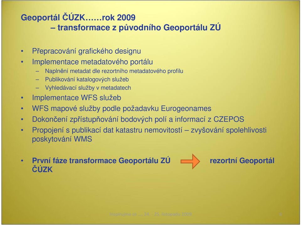 služby podle požadavku Eurogeonames Dokončení zpřístupňování bodových polí a informací z CZEPOS Propojení s publikací dat katastru nemovitostí