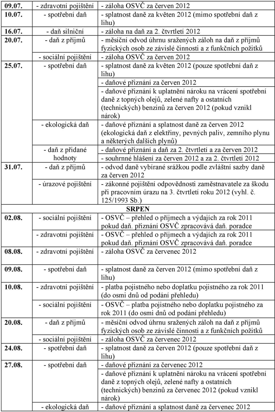 - sociální pojištění - záloha OSVČ za červen 2012 - splatnost daně za květen 2012 (pouze spotřební daň z - daňové přiznání za červen 2012 (technických) benzinů za červen 2012 (pokud vznikl -