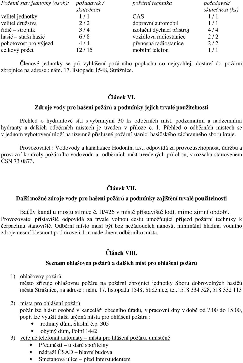 jednotky se při vyhlášení požárního poplachu co nejrychleji dostaví do požární zbrojnice na adrese : nám. 17. listopadu 1548, Strážnice. Článek VI.