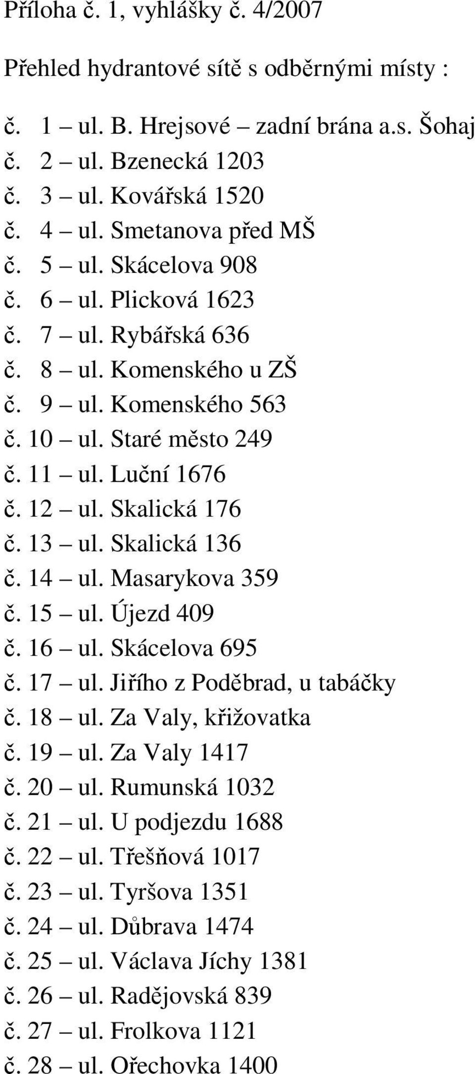 Skalická 136 č. 14 ul. Masarykova 359 č. 15 ul. Újezd 409 č. 16 ul. Skácelova 695 č. 17 ul. Jiřího z Poděbrad, u tabáčky č. 18 ul. Za Valy, křižovatka č. 19 ul. Za Valy 1417 č. 20 ul.