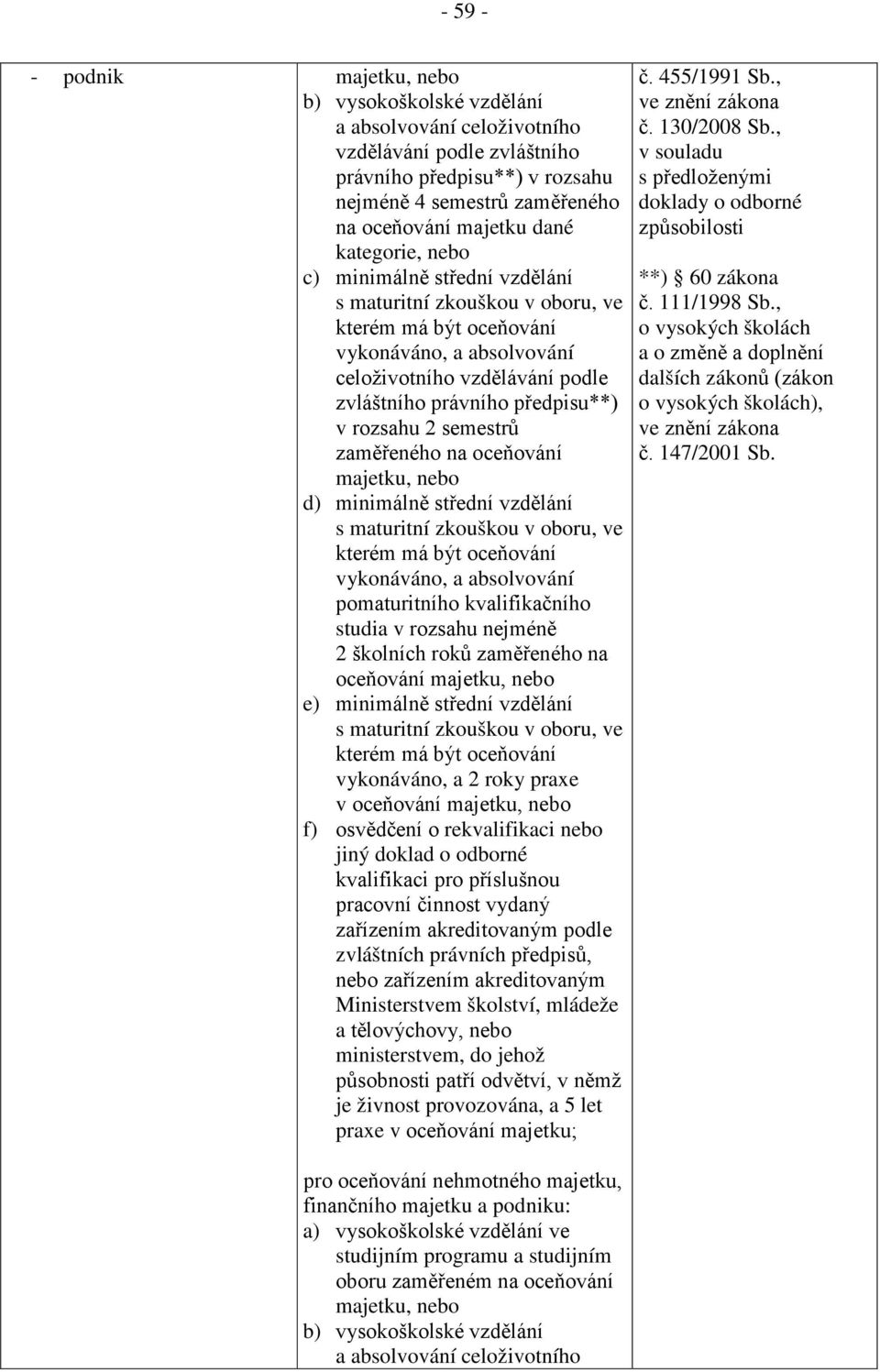 rozsahu 2 semestrů zaměřeného na oceňování majetku, nebo d) minimálně střední vzdělání s maturitní zkouškou v oboru, ve kterém má být oceňování vykonáváno, a absolvování pomaturitního kvalifikačního