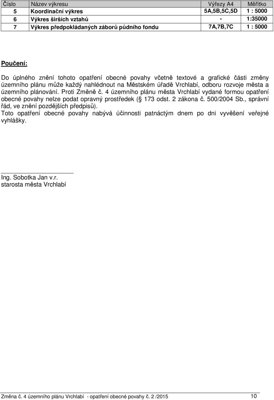 4 územního plánu města Vrchlabí vydané formou opatření obecné povahy nelze podat opravný prostředek ( 173 odst. 2 zákona č. 500/2004 Sb., správní řád, ve znění pozdějších předpisů).