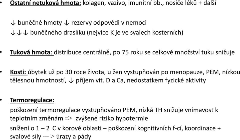 75 roku se celkové množství tuku snižuje Kosti: úbytek už po 30 roce života, u žen vystupňován po menopauze, PEM, nízkou tělesnou hmotností, příjem vit.