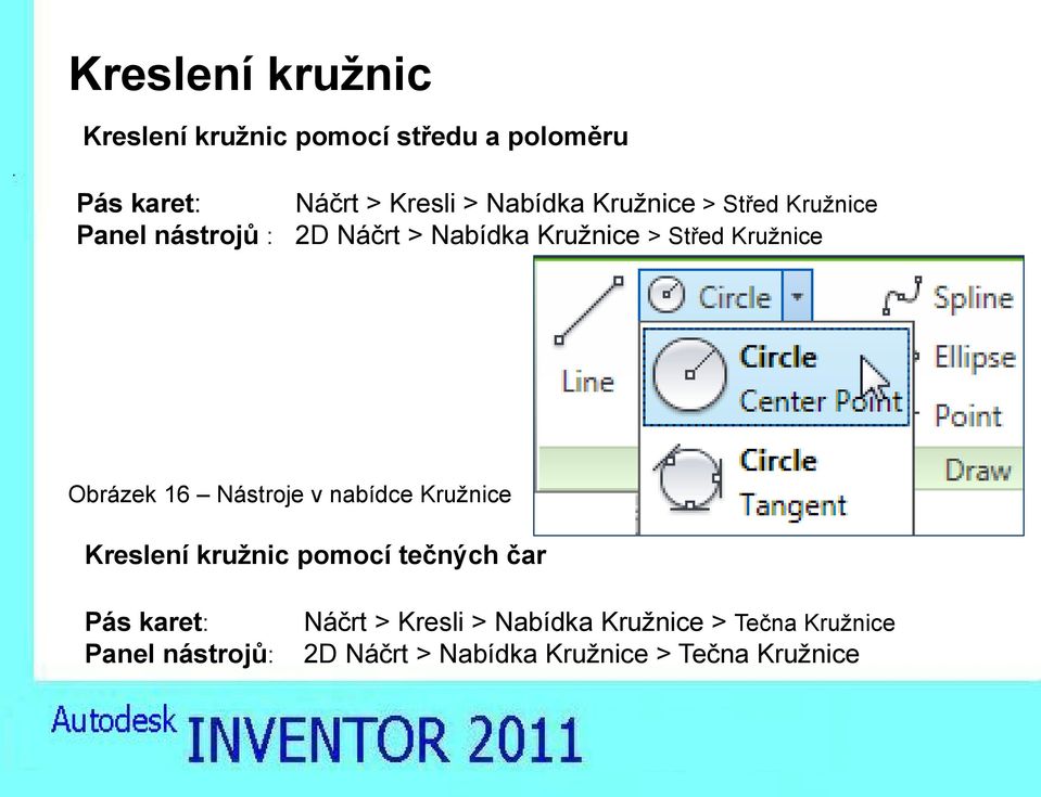 Obrázek 16 Nástroje v nabídce Kružnice Kreslení kružnic pomocí tečných čar Pás karet: Panel