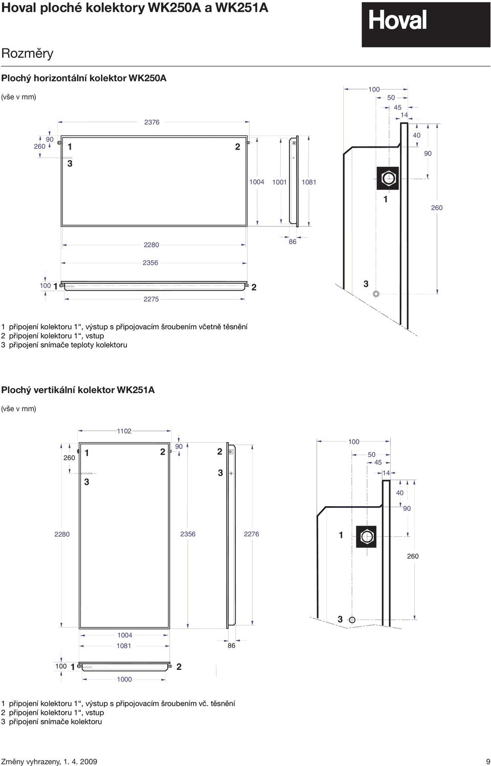 teploty kolektoru Plochý vertikální kolektor WK251A (vše v mm) 1 připojení kolektoru 1,