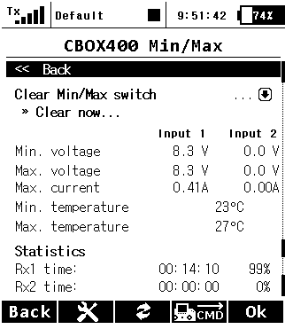 5.6 Telemetrie Min/Max Ovladač pro smazání Min/Max přiřazení ovladače na vysílači DC/DS, jehož povelem se vymažou minima, maxima a odebraná kapacita Central Boxu.