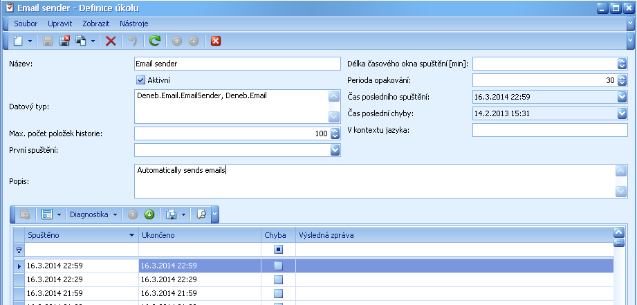 3.2.1. Email Sender Emailové notifikace jsou další možnou formou komunikace. Emailovou notifikaci lze nastavit na určitou událost (např.