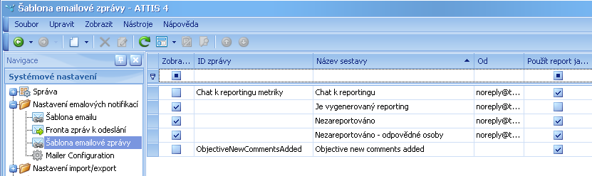 ATTIS Je vygenerovaný reporting (odesílá notifikace ve tvaru podle šablony vyplněné v kolonce Šablona zprávy periodicky podle kolonky Časový plán ) Nastavení času pro spuštění služby v konkrétní čas