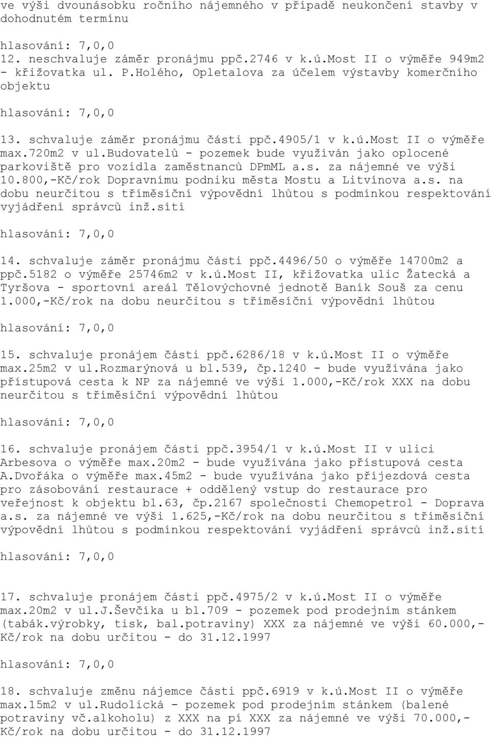 budovatelů - pozemek bude využíván jako oplocené parkoviště pro vozidla zaměstnanců DPmML a.s. za nájemné ve výši 10.800,-Kč/rok Dopravnímu podniku města Mostu a Litvínova a.s. na dobu neurčitou s tříměsíční výpovědní lhůtou s podmínkou respektování vyjádření správců inž.