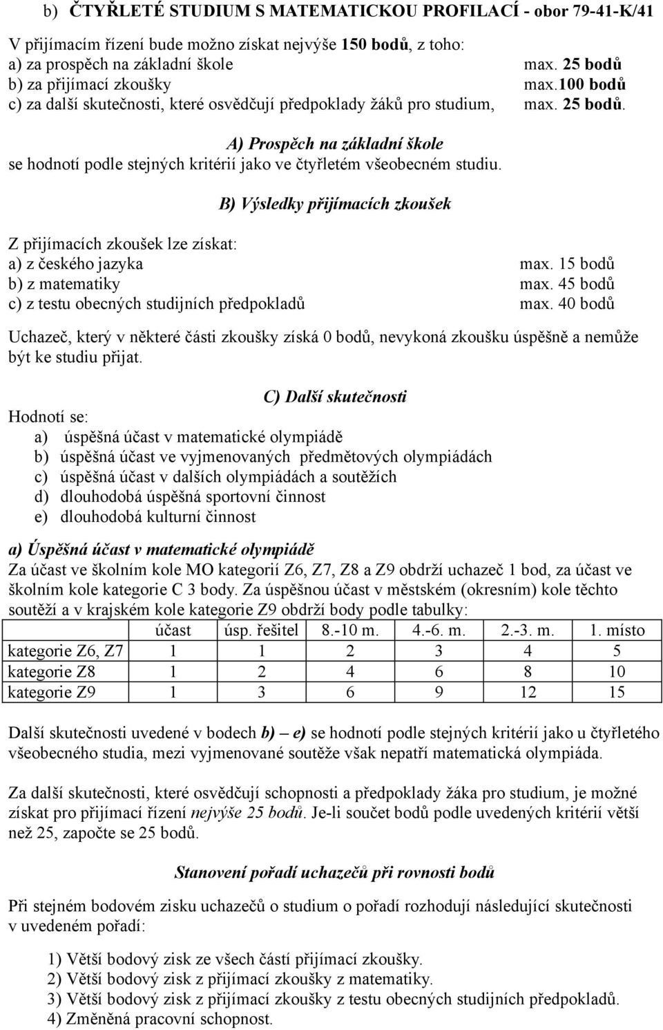 15 bodů b) z matematiky max. 45 bodů Uchazeč, který v některé části zkoušky získá 0 bodů, nevykoná zkoušku úspěšně a nemůže být ke studiu přijat.