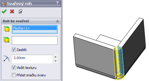 Svařený roh doplní svar do vybraného rohů plechového dílu. Výběr plochy modelu. Nastavení zaoblení svaru a jeho poloměru.