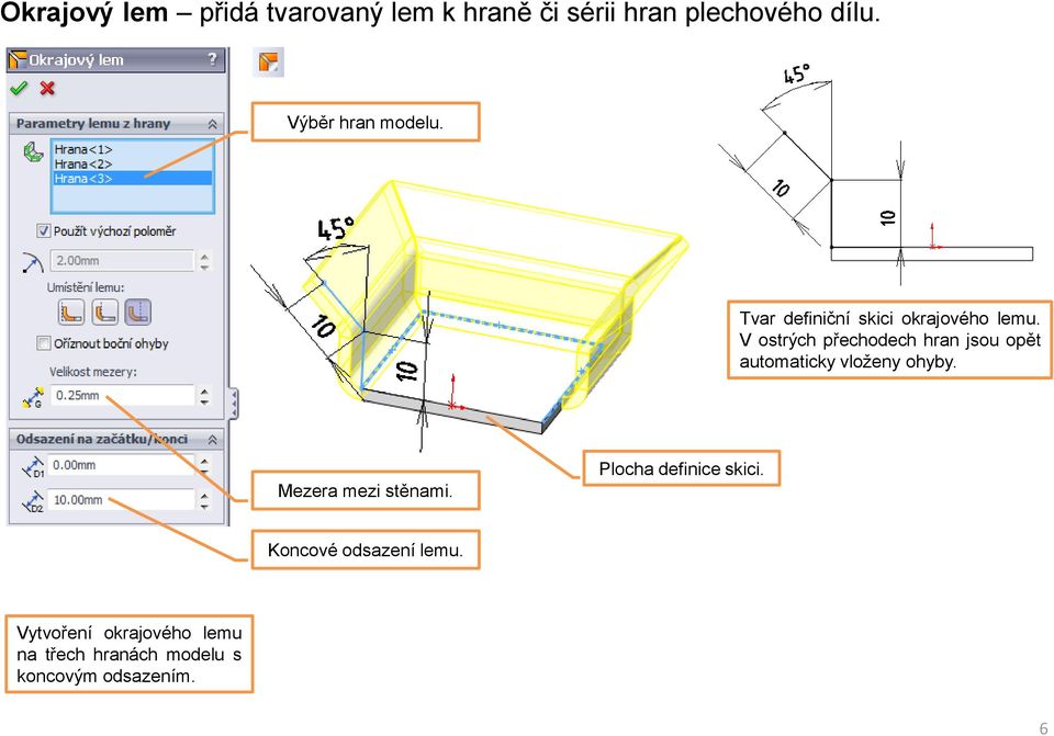 V ostrých přechodech hran jsou opět automaticky vloženy ohyby. Mezera mezi stěnami.