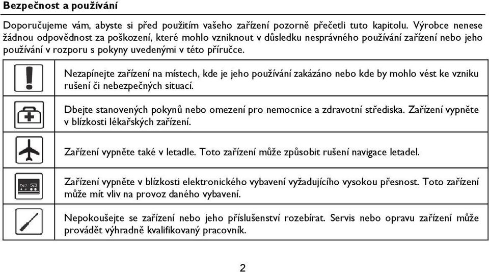 Nezapínejte zařízení na místech, kde je jeho používání zakázáno nebo kde by mohlo vést ke vzniku rušení či nebezpečných situací.