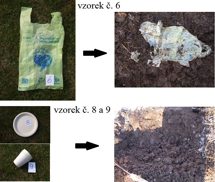 ny a nezanechaly žádné vizuální zbytky. Částečně rozložený vzorek plastového sáčku a oba zcela rozložené vzorky se nachází na obrázku č. 2 (obr. č. 2). Obrázek č.