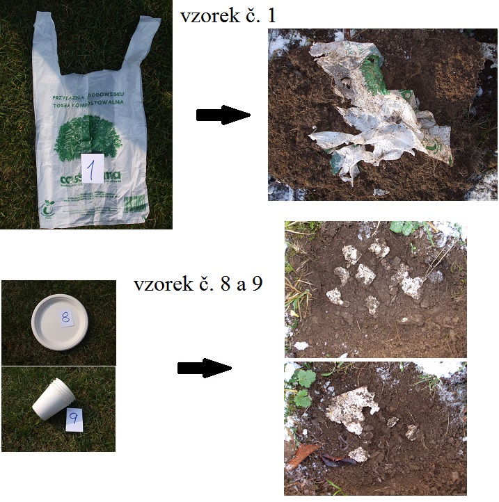 Obrázek č. 3 (obr. č. 3) ukazuje částečný rozklad plastového sáčku a jednorázového nádobí v sadu. Příloha č. 9 zobrazuje ostatní zkoumané vzorky po uplynutí doby trvání výzkumu. Obrázek č.